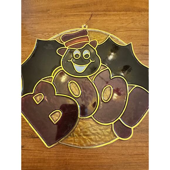Vintage Hard Plastic Halloween Window Sun Catcher Decor Bat Boo! - Picture 1 of 5
